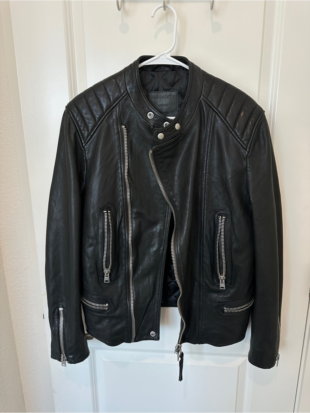AllSaints Black Quilted-Shoulder Leather Bomber